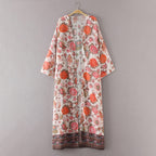 Summer Boho Women's Chiffon Long Kimono over swimwear, lightweight and flowy with floral patterns, perfect for beach or poolside wear.
