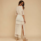 White or orange tassel kimono tunic dress from 64b136-1e, featuring flowy fabric and tassel details, perfect for boho style.