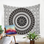 Indie tapestry beach rug or yoga mat in vibrant red, blue, or white with intricate patterns, perfect for decor or outdoor use.