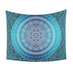 Colorful Indie tapestry beach rug and yoga mat with red, blue, or white patterns, ideal for decor or outdoor use.