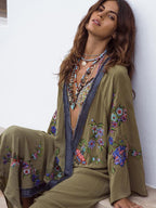 Floral Olive Kimono top by 64b136-1e featuring lightweight fabric, floral pattern, open front, and relaxed fit.