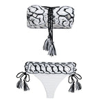 Crochet bandeau tassel bikini swimwear by 64b136-1e featuring a strapless design with tassel accents and a textured crochet pattern.