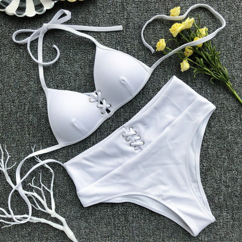 High waisted white Tie up swimsuit