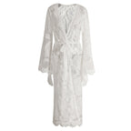 White lace kimono slip dress from 64b136-1e, featuring delicate lace fabric and a flowing, elegant silhouette.