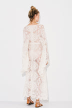 White lace kimono slip dress from 64b136-1e, featuring delicate lace fabric and flowing silhouette, perfect for elegant occasions.