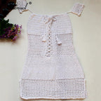 Off shoulder tassel crochet sundress in lightweight fabric, featuring a relaxed fit and bohemian style, by 64b136-1e.