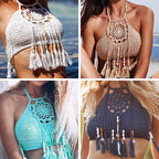 Crochet tassel bikini top from 64b136-1e swimwear featuring a stylish crop design with tassel details for summer beachwear.