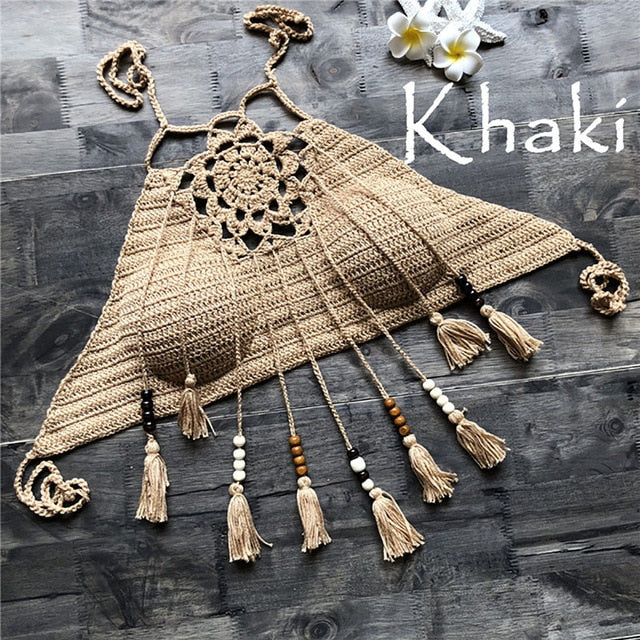 Crochet tassel bikini top from 64b136-1e swimwear featuring a crop style with tassel accents and a stylish, summery design.