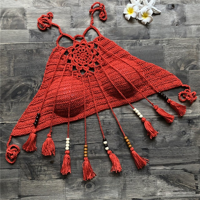 Crochet tassel bikini top from 64b136-1e, stylish swimwear with tassel details and a cropped fit for beach or poolside fashion.