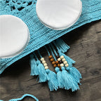 Crochet tassel bikini top from 64b136-1e swimwear with adjustable straps and colorful tassel details.