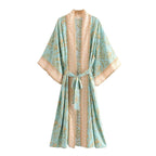 Boho chic turquoise kimono outerwear with flowing sleeves and intricate patterns, stylish bohemian fashion by 64b136-1e.
