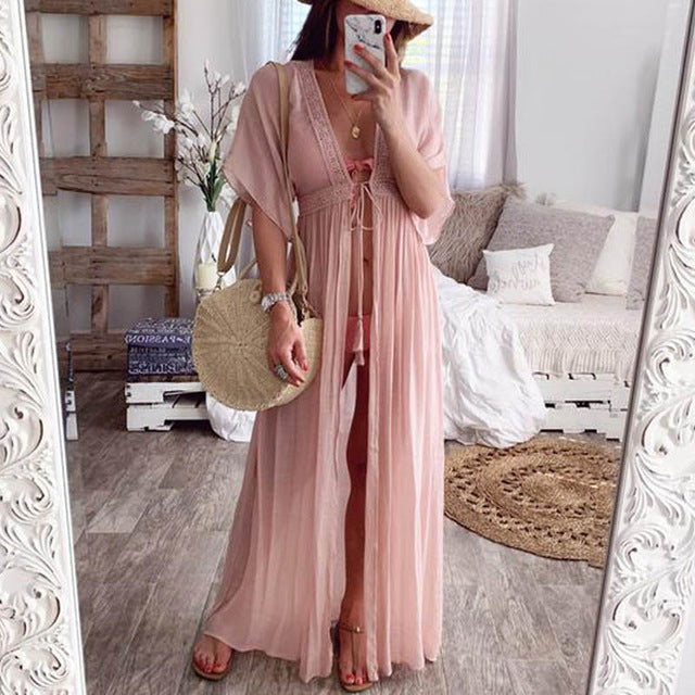 Drawstring Kimono Beach Cover Up - multiple colours