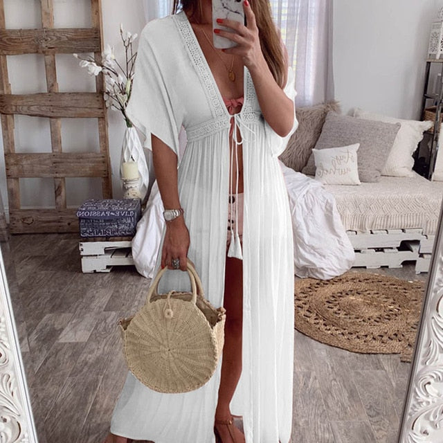 Drawstring Kimono Beach Cover Up - multiple colours
