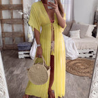 Colorful drawstring kimono beach cover-up by 64b136-1e, lightweight swimwear with a relaxed fit and flowing design.
