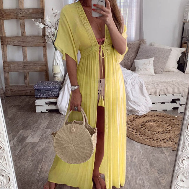 Drawstring Kimono Beach Cover Up - multiple colours