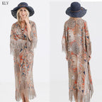 64b136-1e fringed tassels kimono bikini cover-up with lightweight fabric and open front, perfect for beach or poolside wear.