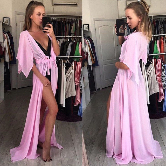 Striped swimwear cover-up kimono tunic in five colors, lightweight and stylish for beach or poolside wear.