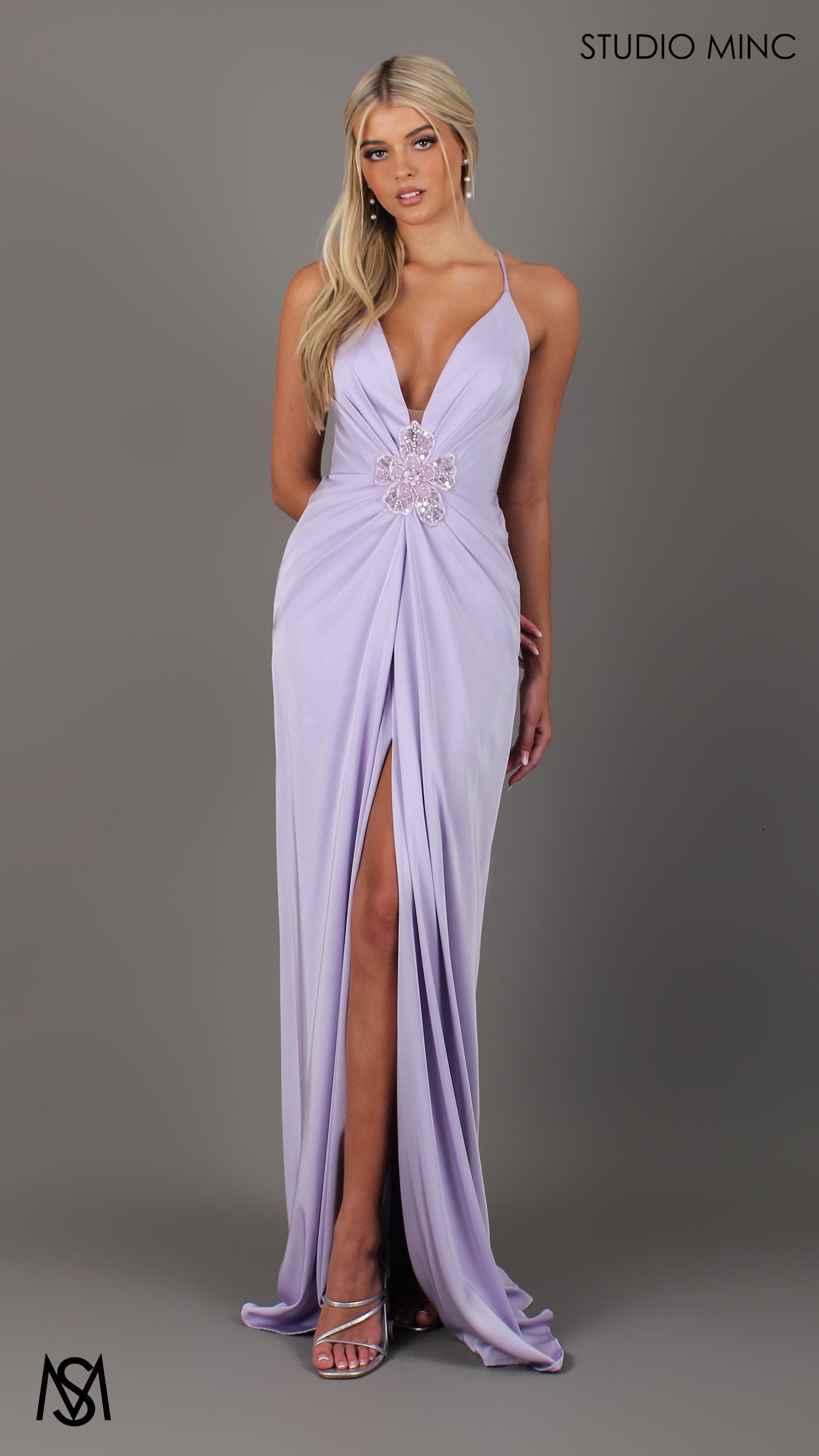 Bloom - Lavender Purple Formal dress | Plunge V neckline draping floral pearl detail