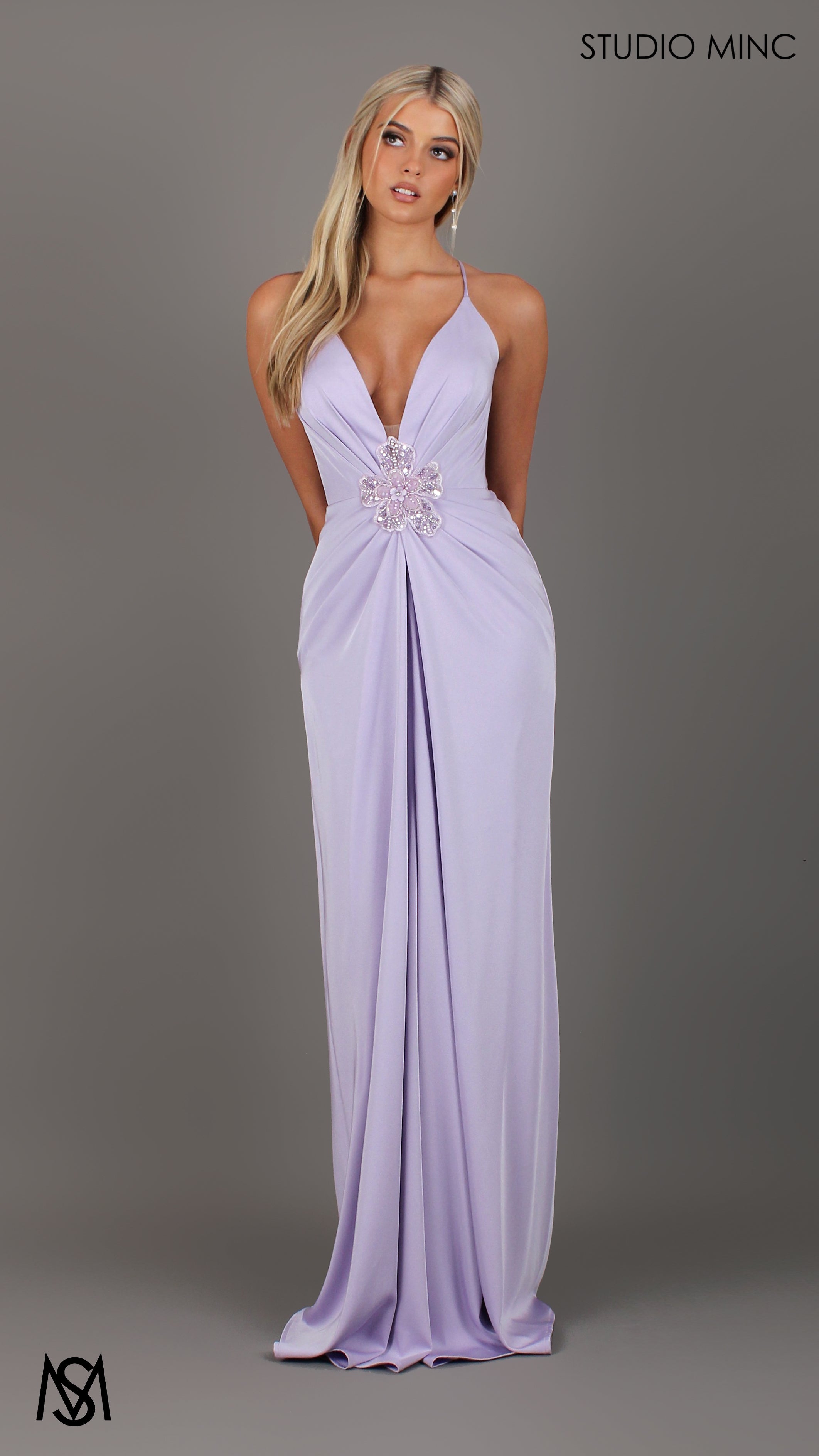 Bloom - Lavender Purple Formal dress | Plunge V neckline draping floral pearl detail