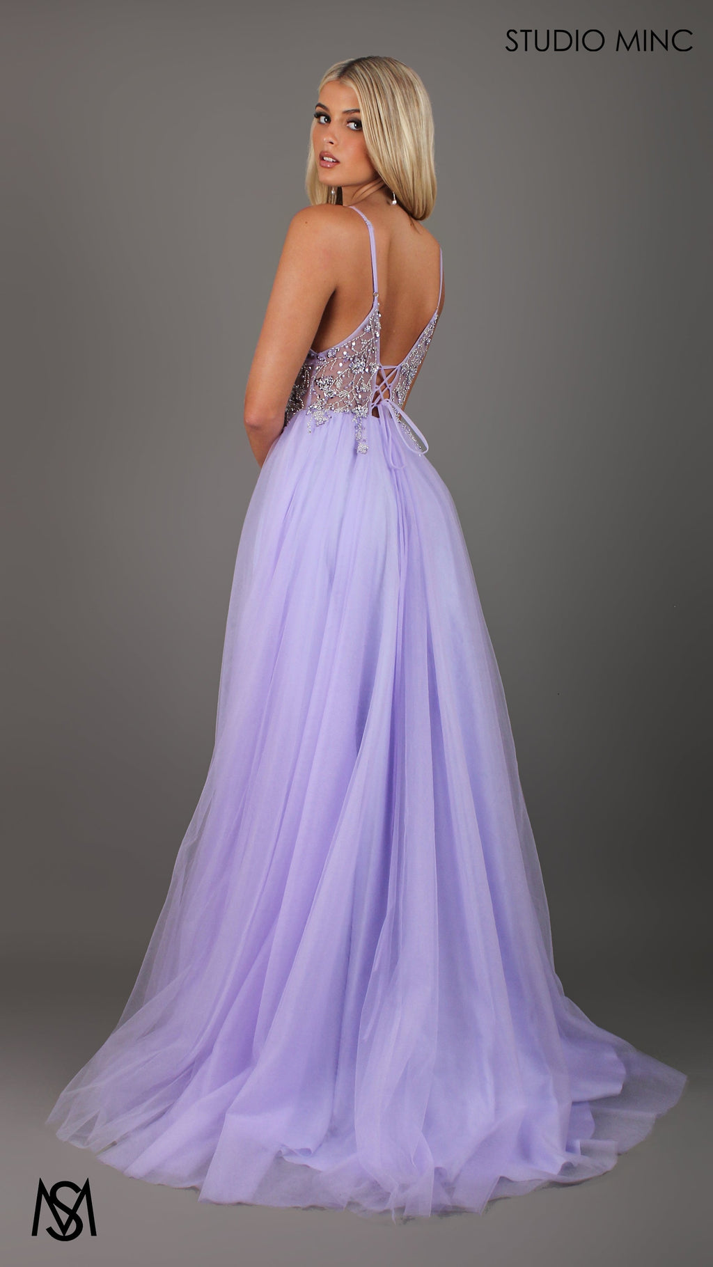 Lila - Lavender Purple Formal dress | Sheer Beaded floral V neckline tulle gown