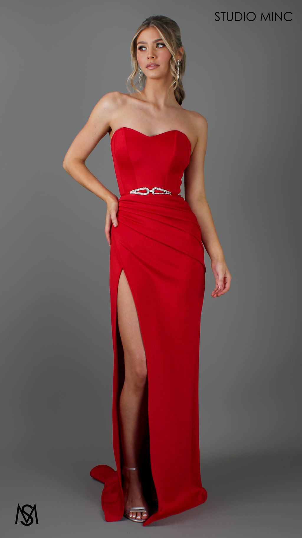 EGO - Red Strapless Formal Dress with Leg Split and Corset Bodice
