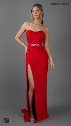 EGO - Red Strapless Formal Dress with Leg Split and Corset Bodice
