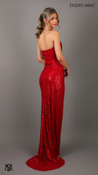 MUSE - Red Sequin Formal Dress with Strapless Corset & Leg Split