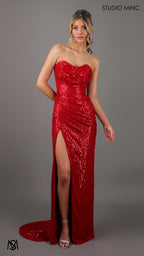 MUSE - Red Sequin Formal Dress with Strapless Corset & Leg Split