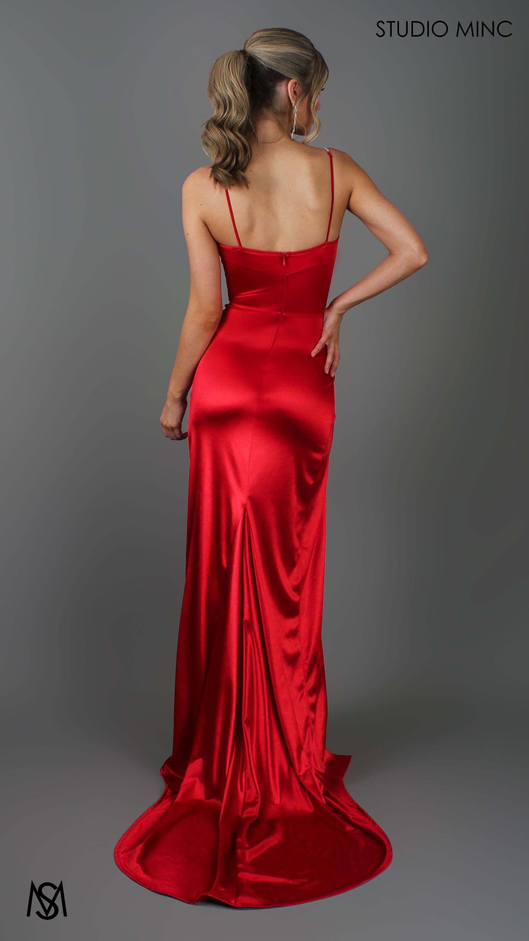 Crave - Red Satin Corset Formal Dress with Leg Split