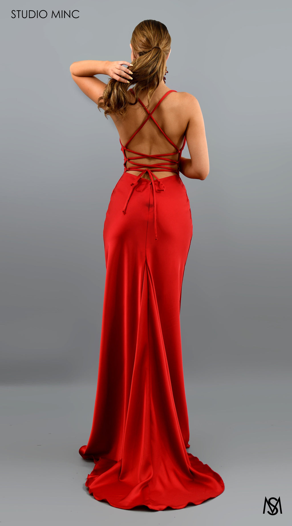 ESSENCE - Red Satin Formal Dress with Backless Lace Up