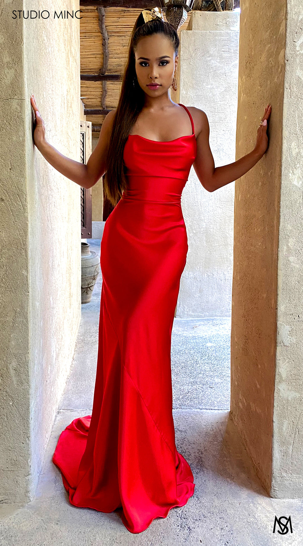 ESSENCE - Red Satin Formal Dress with Backless Lace Up