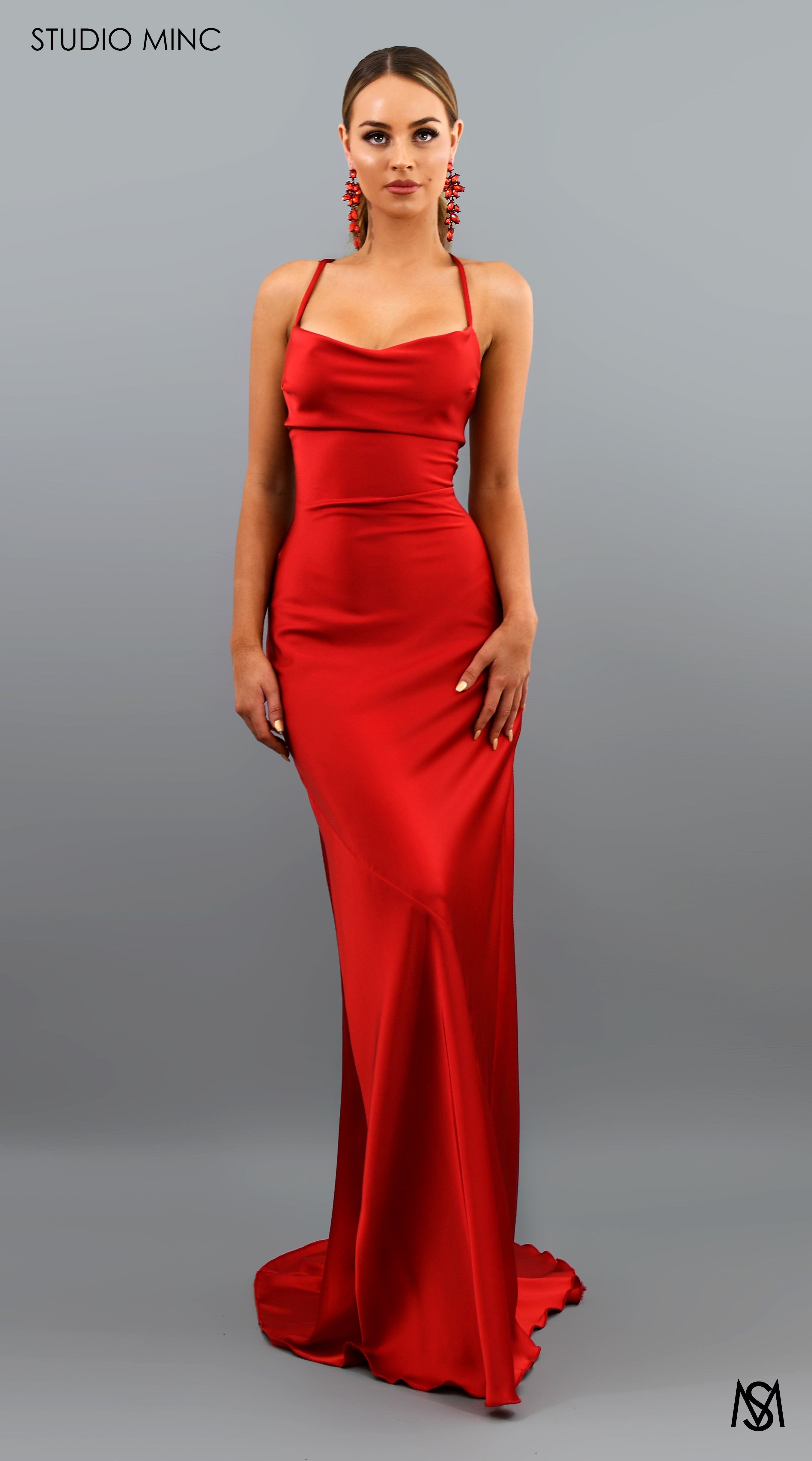 ESSENCE - Red Satin Formal Dress with Backless Lace Up