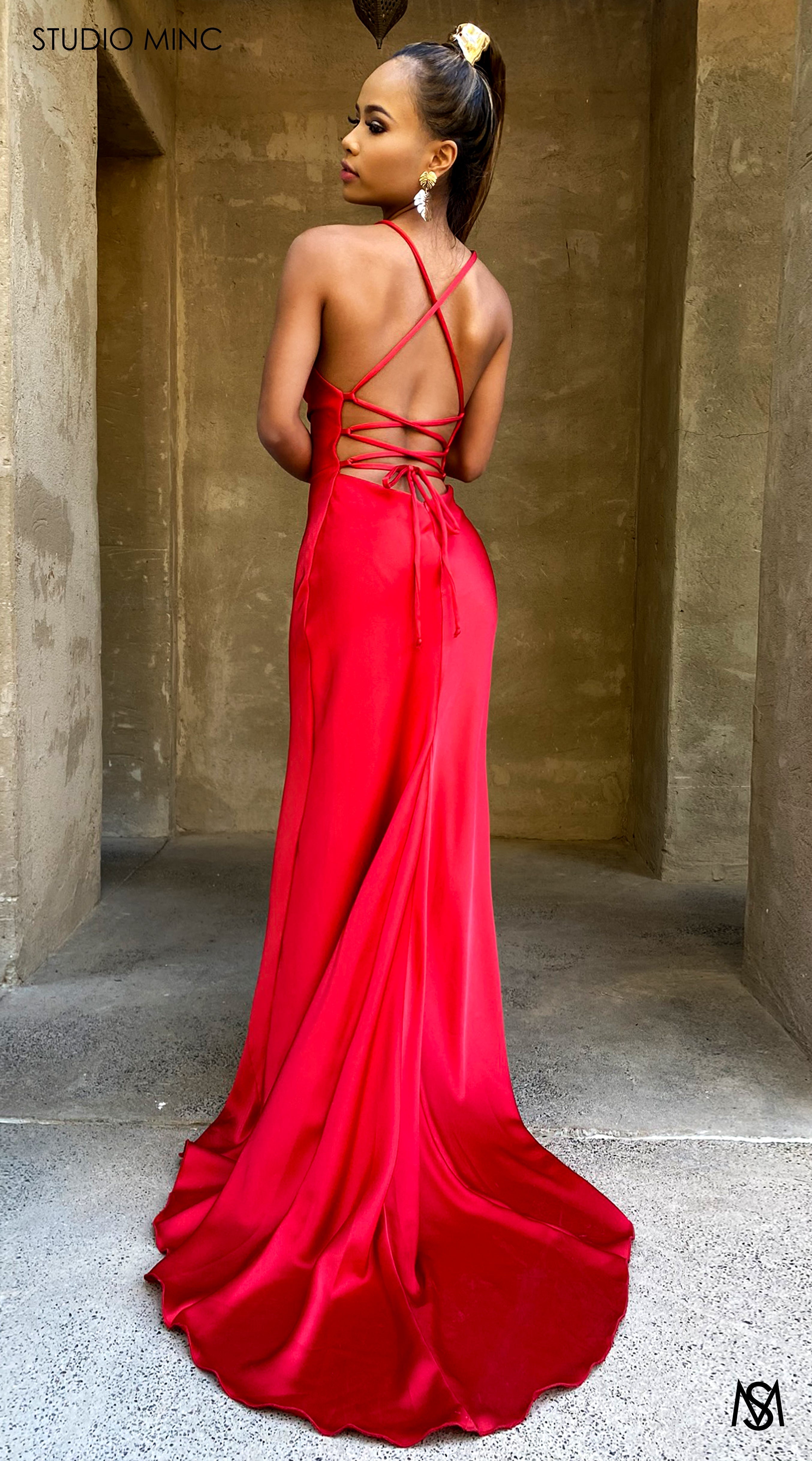 ESSENCE - Red Satin Formal Dress with Backless Lace Up