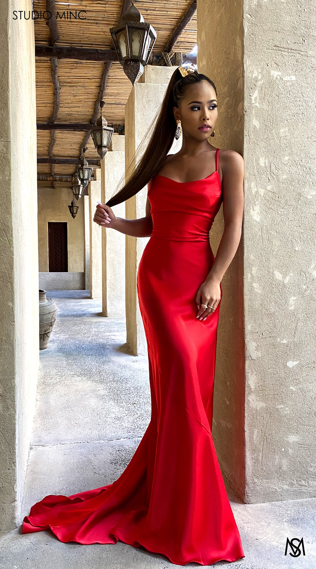 ESSENCE - Red Satin Formal Dress with Backless Lace Up
