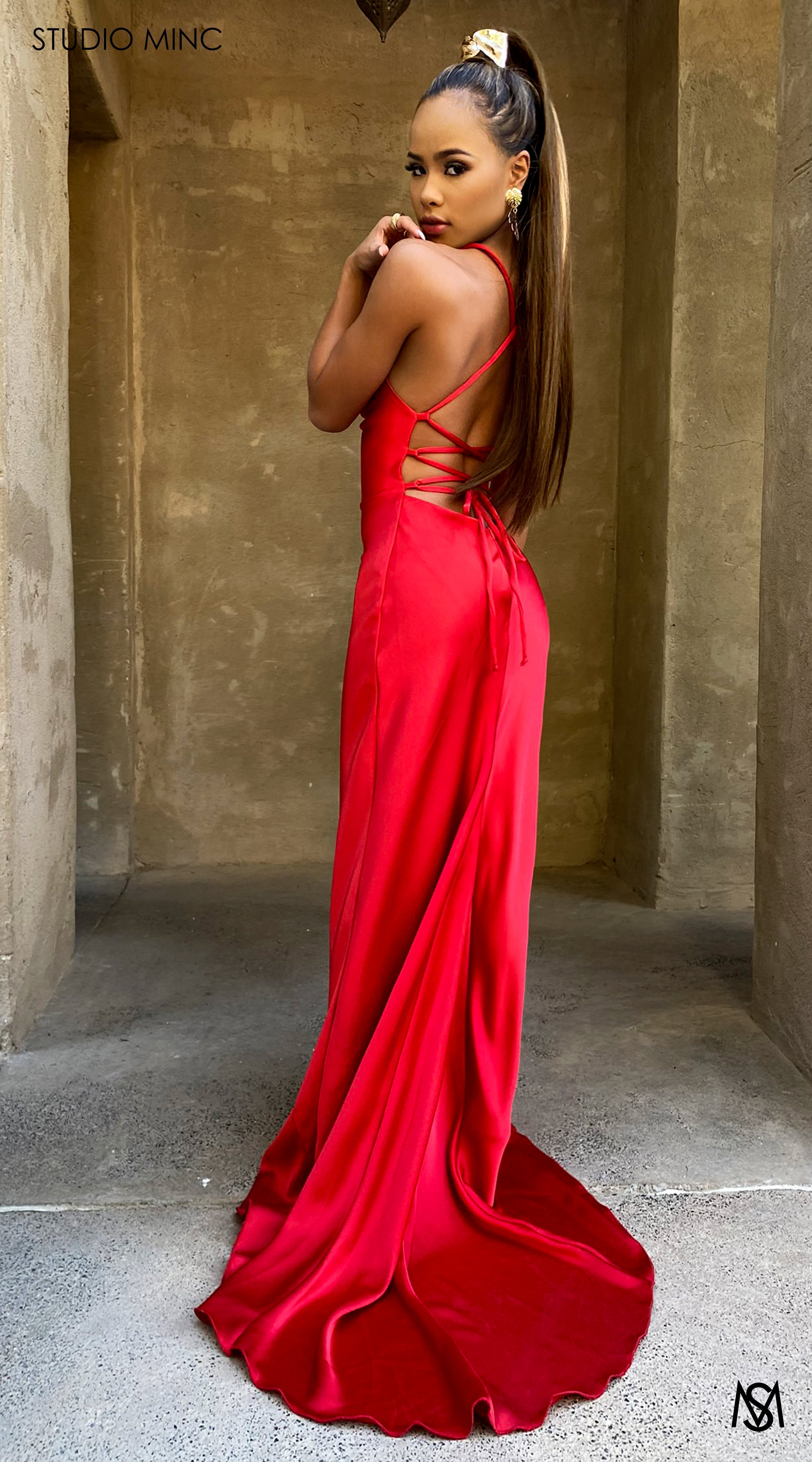 ESSENCE - Red Satin Formal Dress with Backless Lace Up