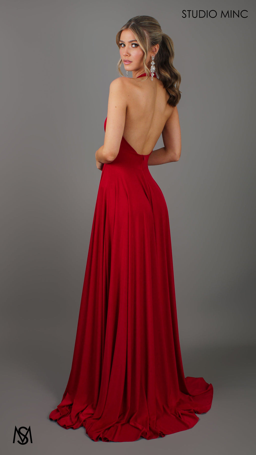 LOVE - Red Flowy Formal Dress with Plunge Neckline & Leg Split