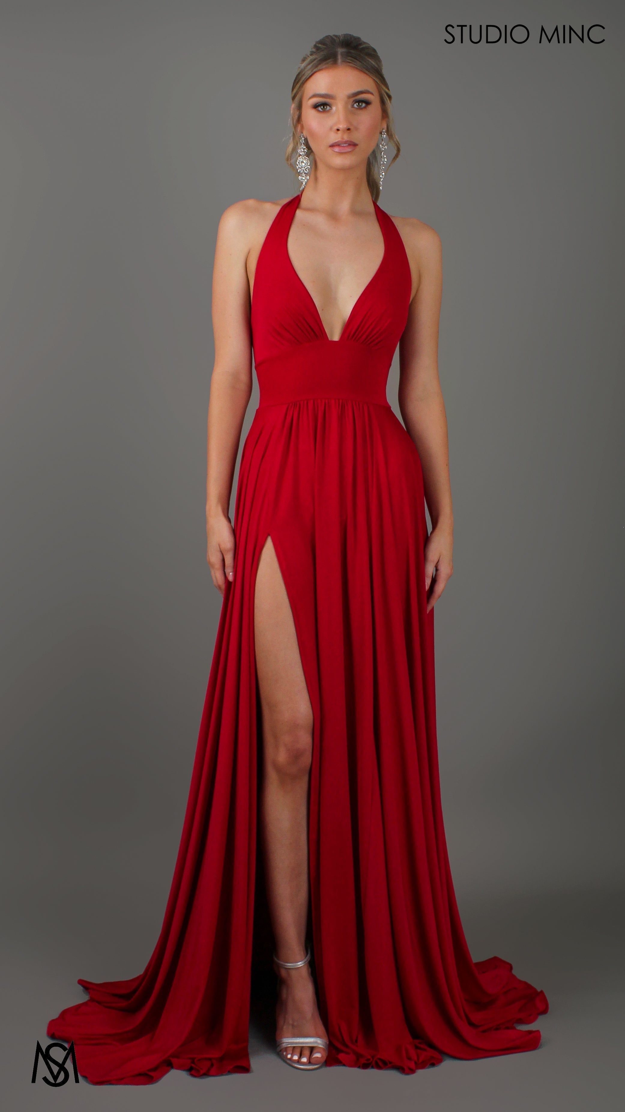 LOVE - Red Flowy Formal Dress with Plunge Neckline & Leg Split
