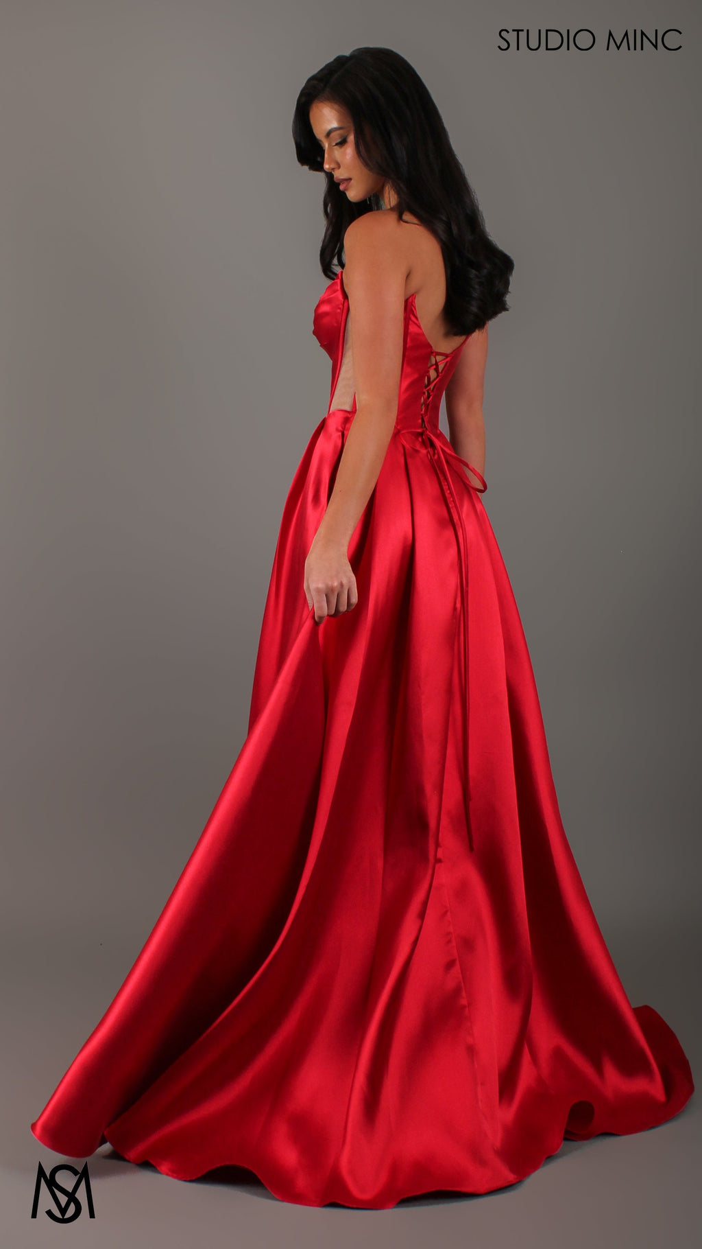Lunar - Red Formal Dress, satin strapless boned corset net cut outs lace up gown pockets leg slit