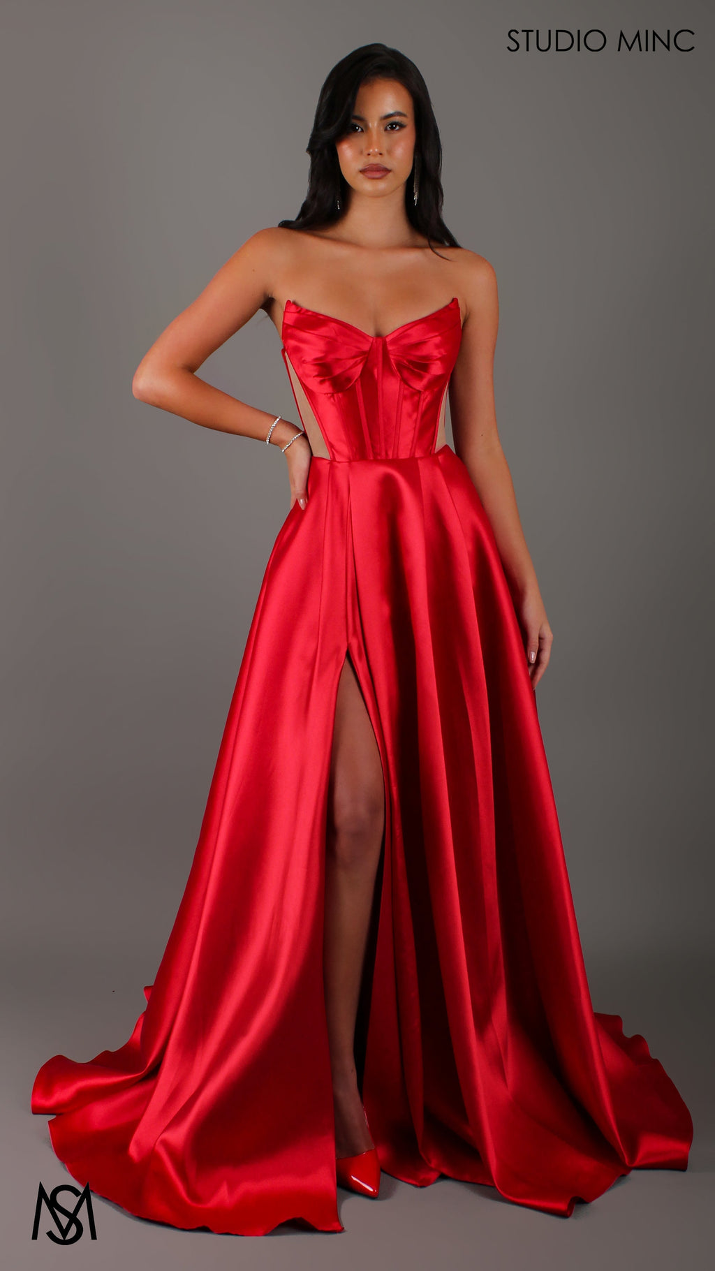 Lunar - Red Formal Dress, satin strapless boned corset net cut outs lace up gown pockets leg slit