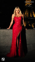 Mirage - Red Formal Dress, Sparkly Strapless embellished Corset, fitted high leg slit