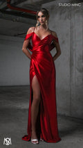 Opulence - Red Formal Dress, Satin V Neckline, arm drapes and leg slit