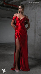 Opulence - Red Formal Dress, Satin V Neckline, arm drapes and leg slit