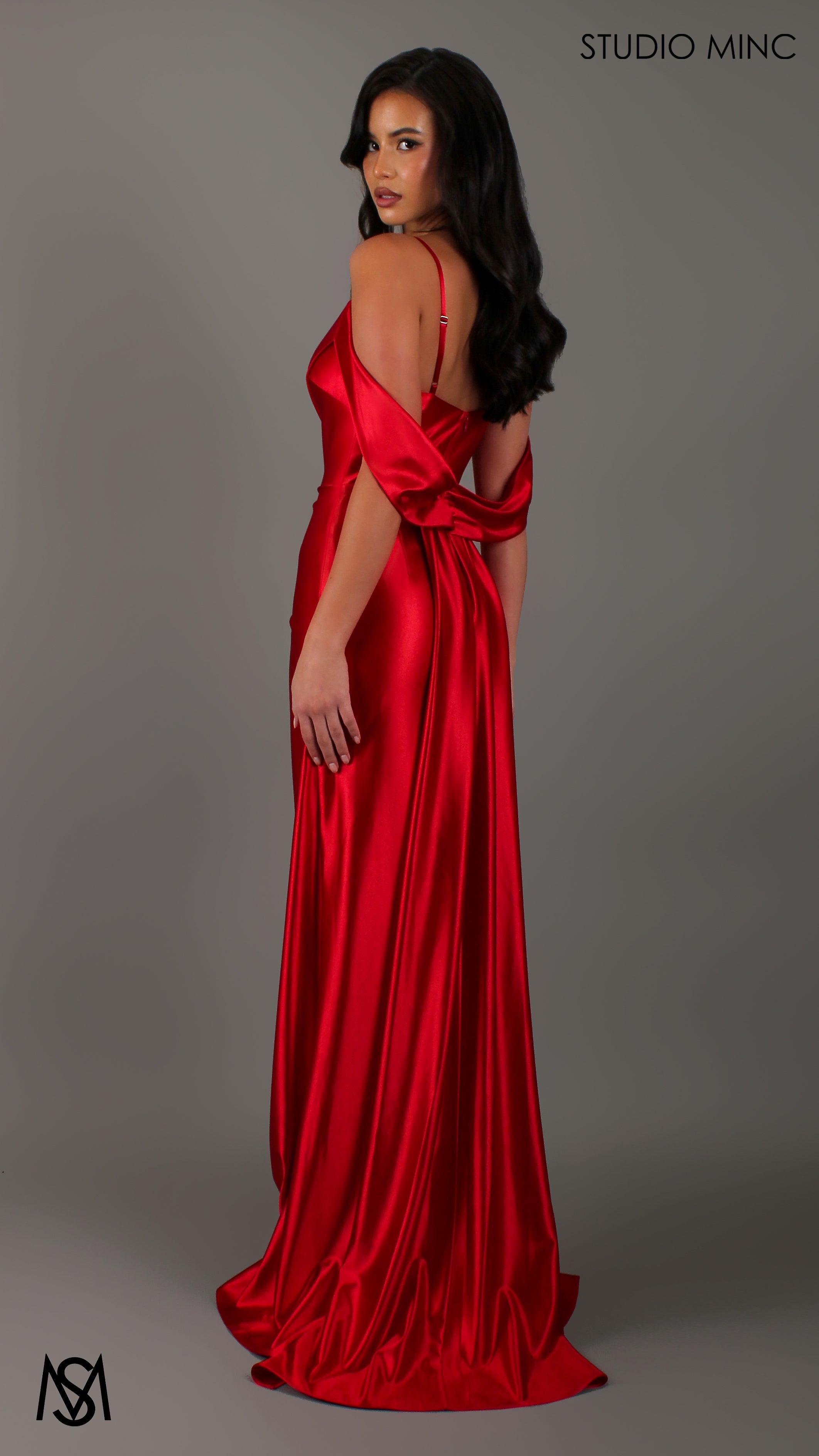 Opulence - Red Formal Dress, Satin V Neckline, arm drapes and leg slit