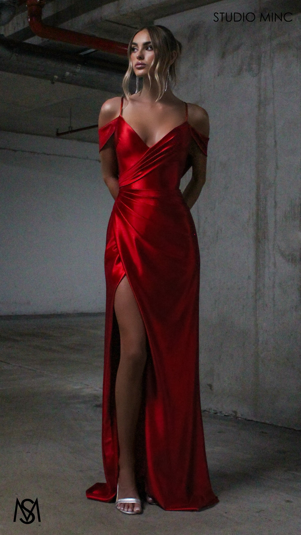 Opulence - Red Formal Dress, Satin V Neckline, arm drapes and leg slit