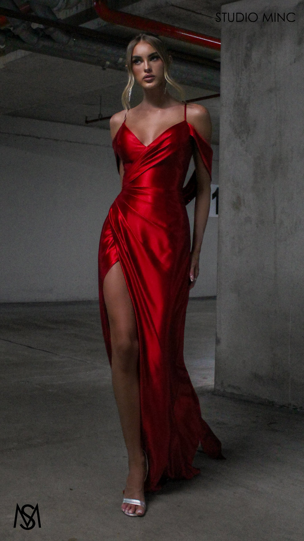 Opulence - Red Formal Dress, Satin V Neckline, arm drapes and leg slit