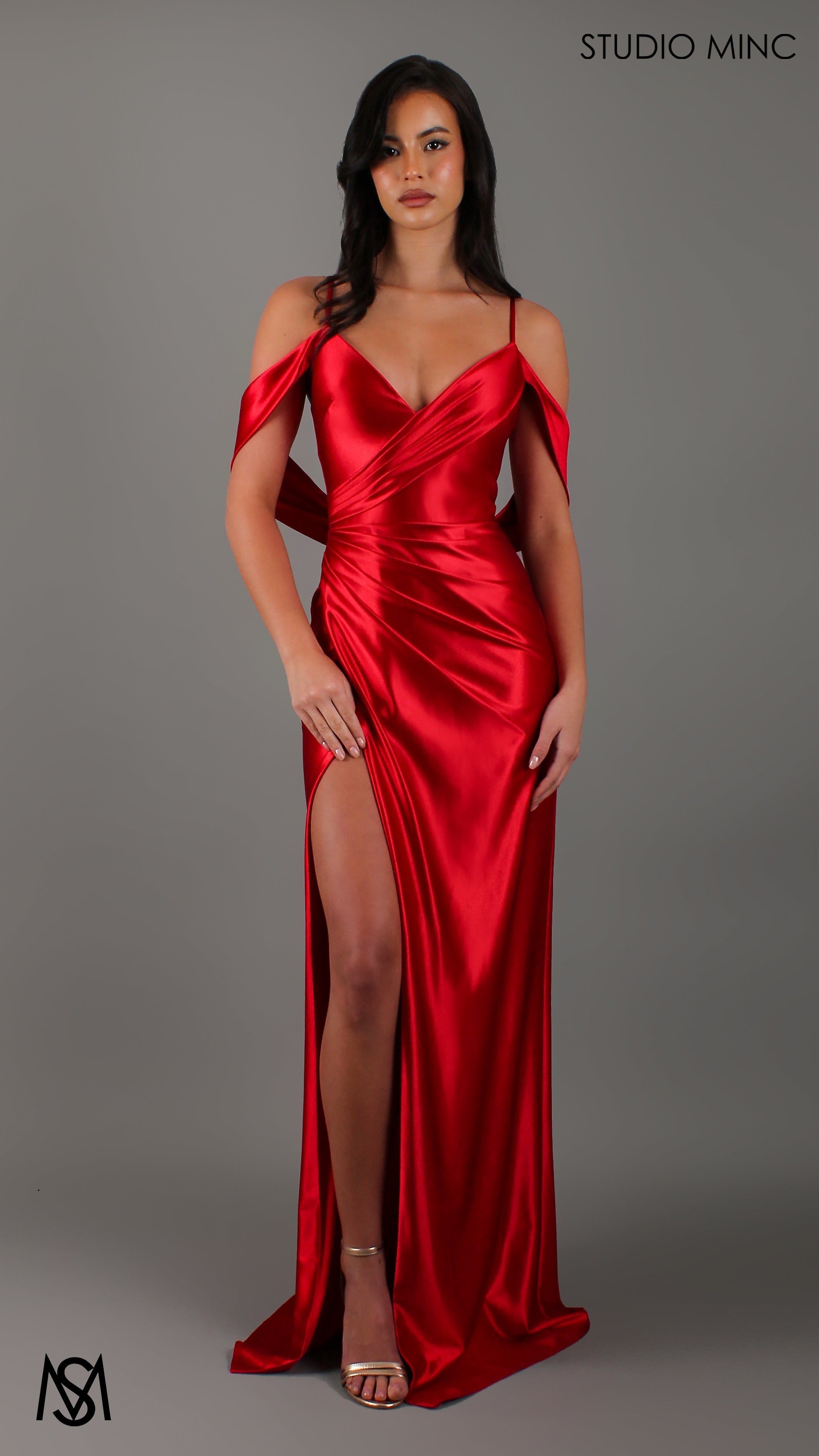 Opulence - Red Formal Dress, Satin V Neckline, arm drapes and leg slit