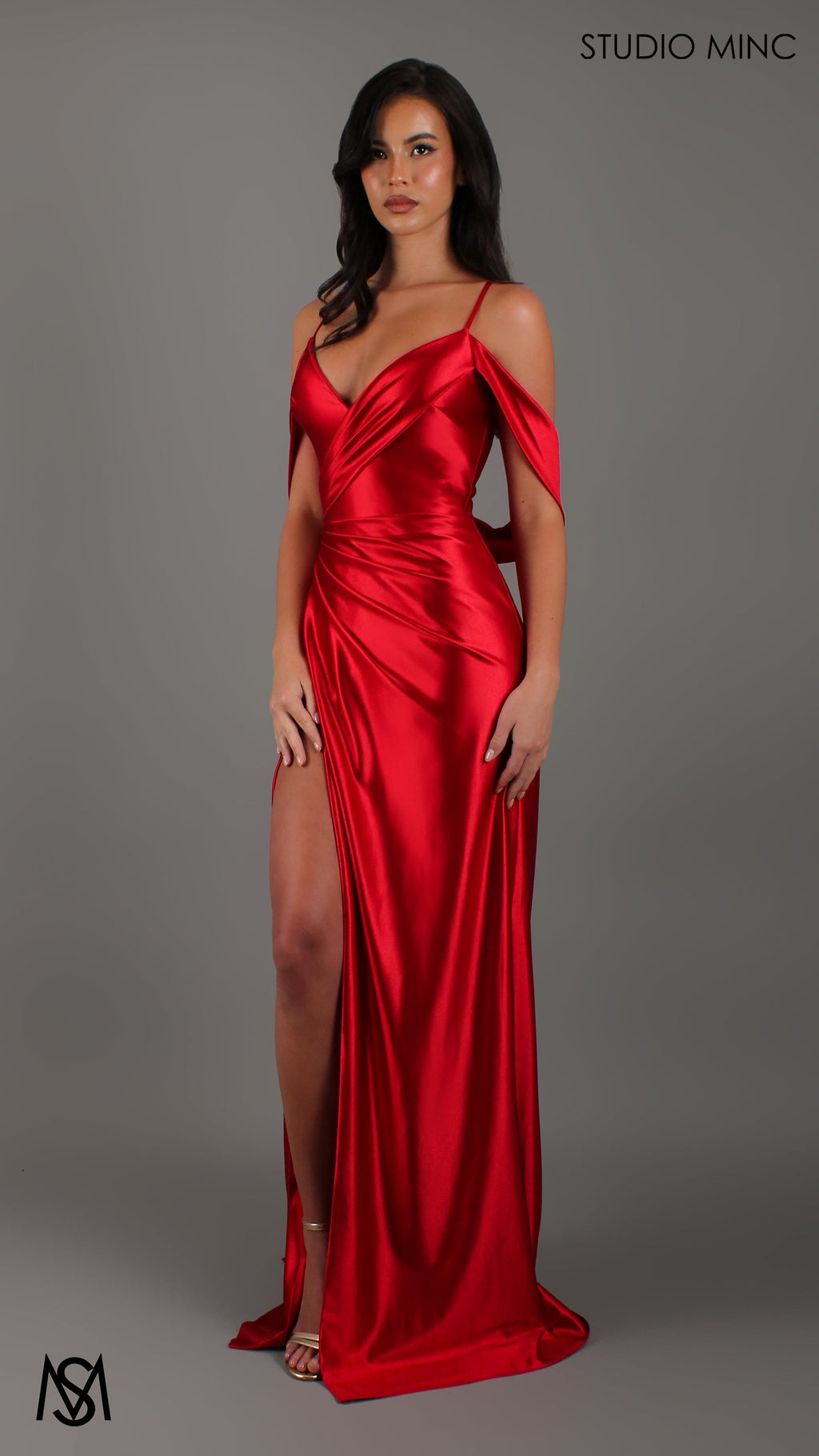 Opulence - Red Formal Dress, Satin V Neckline, arm drapes and leg slit