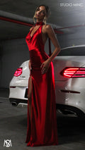Suave - Red Formal Dress, Halter Neck Cowl fitted backless leg slit with scarf