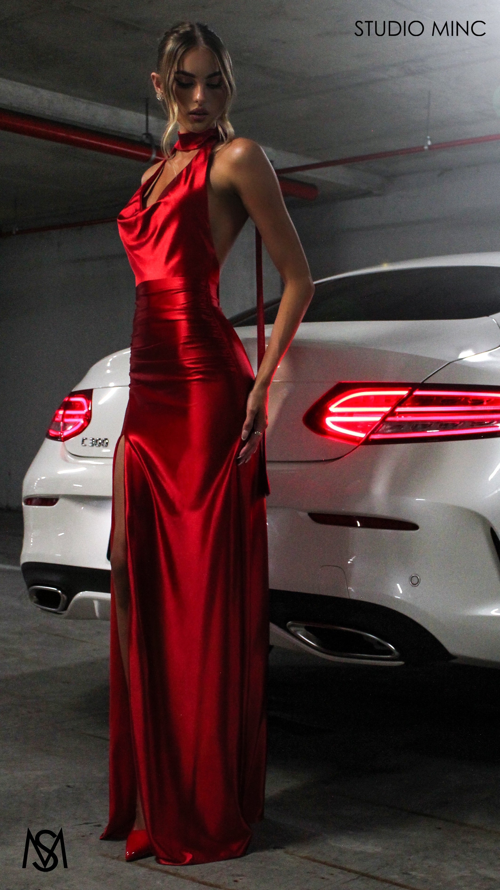 Suave - Red Formal Dress, Halter Neck Cowl fitted backless leg slit with scarf