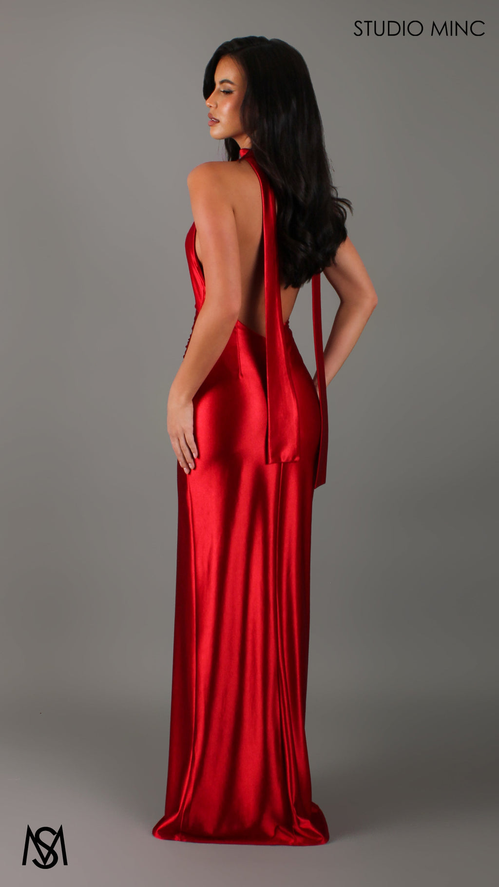 Suave - Red Formal Dress, Halter Neck Cowl fitted backless leg slit with scarf